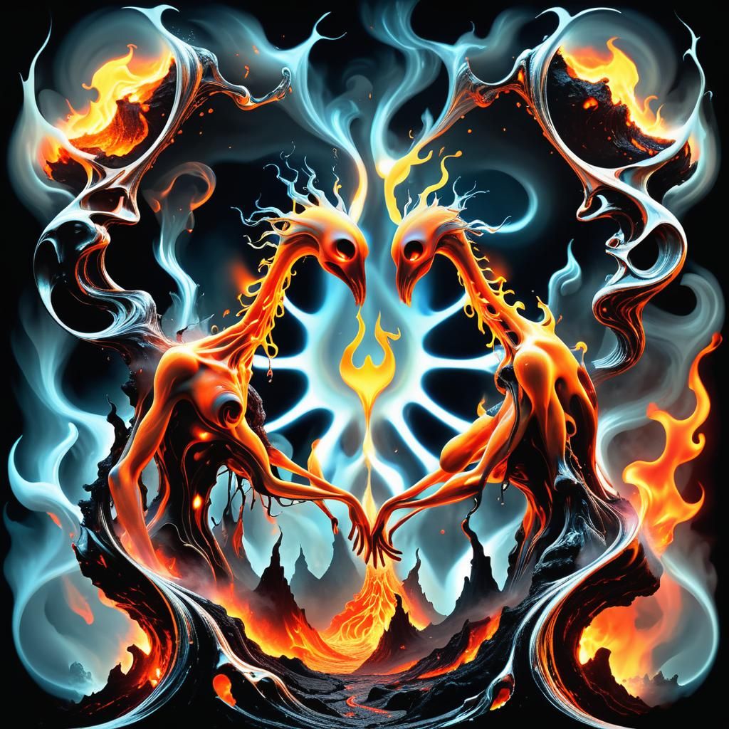 Elemental Fire Embrace in Apocalyptic Landscape