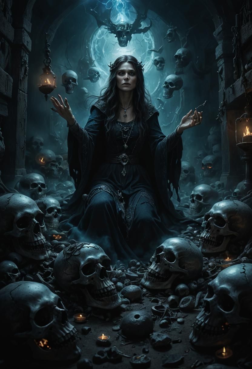 Mysterious Witch Portrait with Skulls in Photorealism