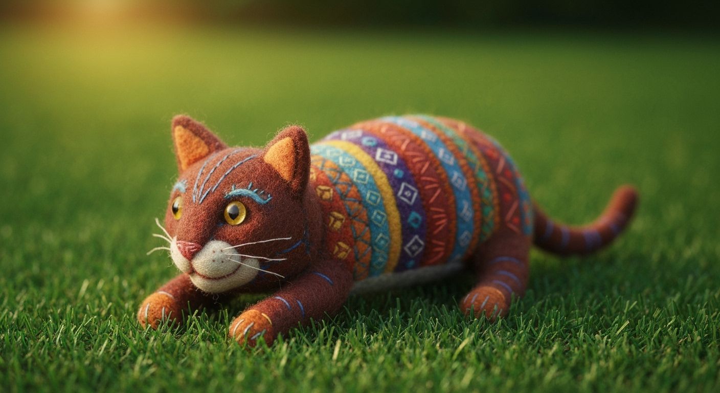 Felted Cat Toy on Green Lawn in Folk Art Style