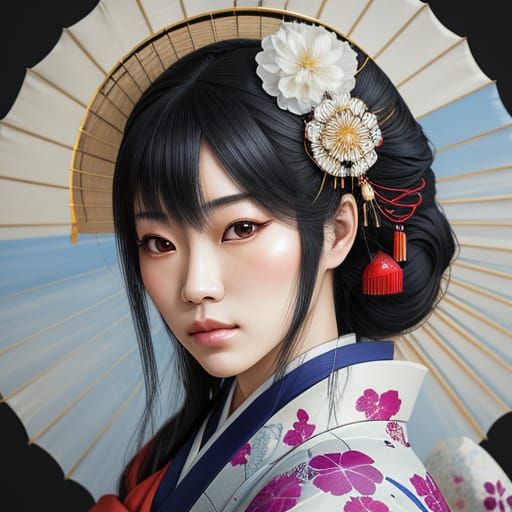 Pensive Geisha Portrait in Realistic Anime Style