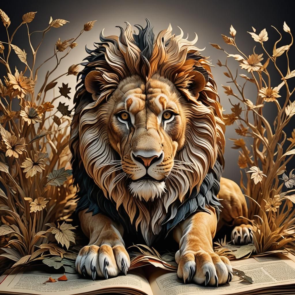 Hyperrealistic 3D Pop-Up Book of a Lion