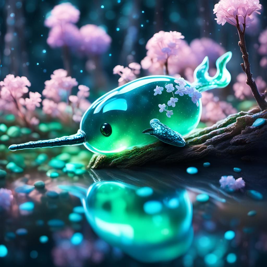 Bioluminescent Flowers in Crystal Narwhal Shell