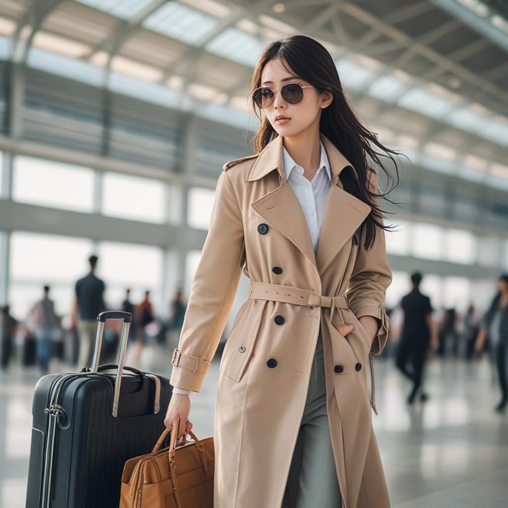 Anime Girl Walks Through Airport with Trench Coat and Coffee