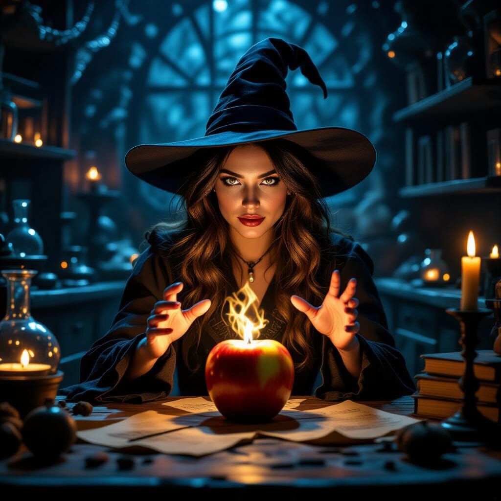 Mystical Witch Holding Glowing Apple in Dark Lab
