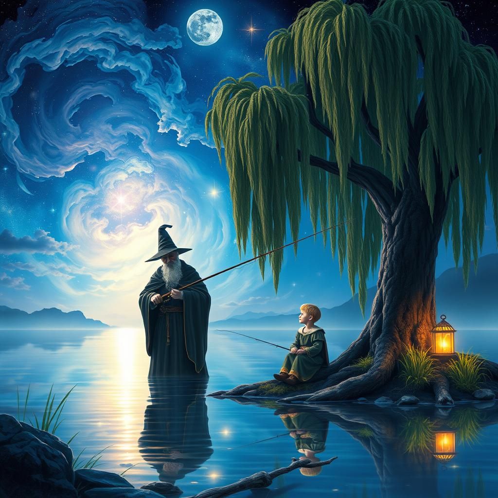 Magical Pond Scene in Holographic Astral Illustration
