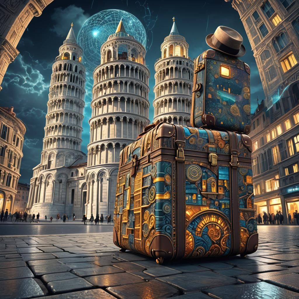 Sci-Fi Pisa Tower with Fractal Neon Reflections