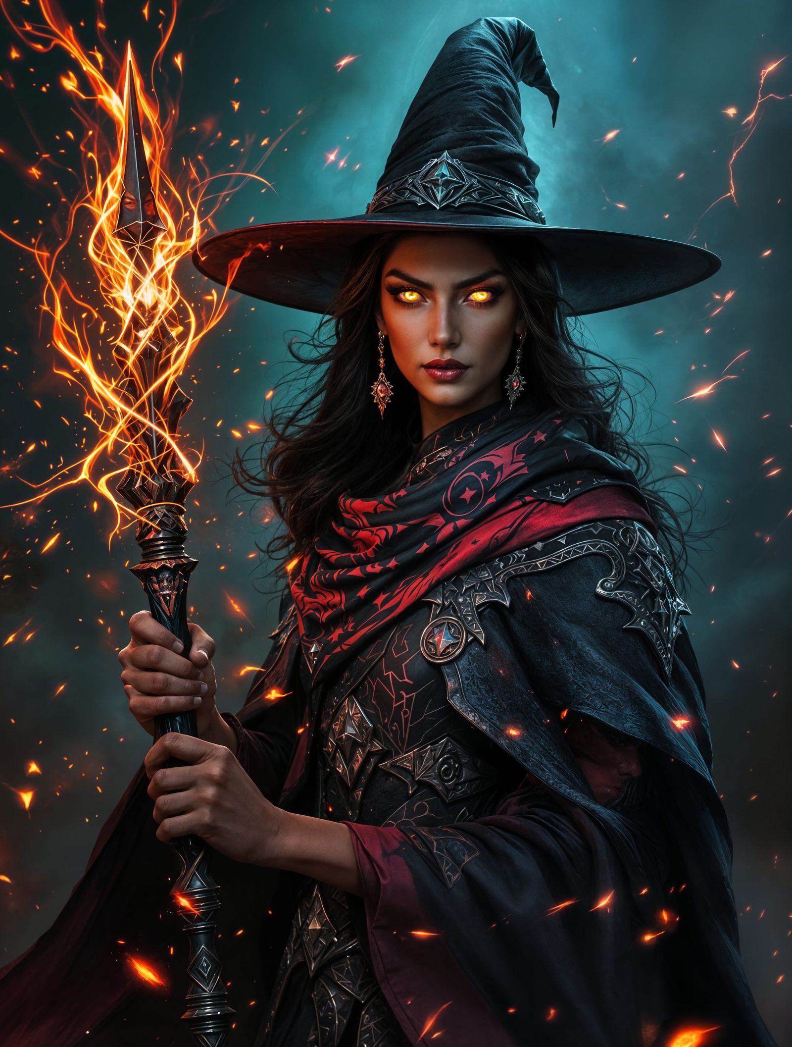 Fantasy Sorceress with Glowing Staff in Impressionistic Styl...