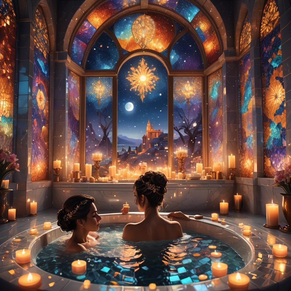 Lavish Magical Bathroom with Soaking Tub in Digital Painting...