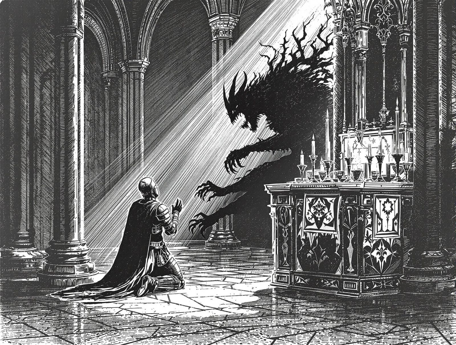 Knight's Demonic Shadow in Cathedral Etching