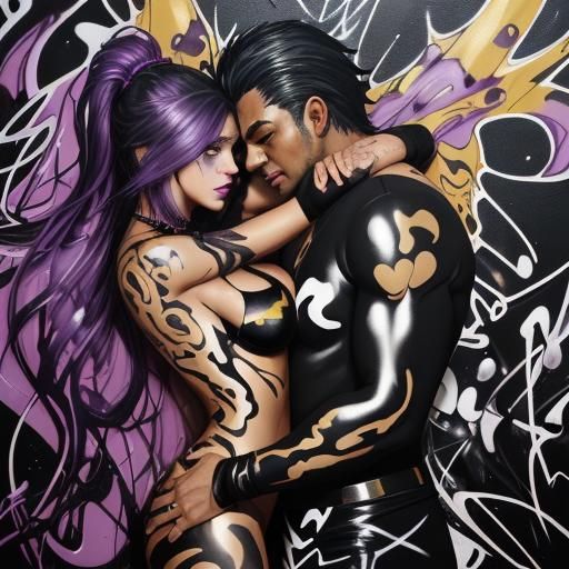 Cuddling Couple in Black and White Graffiti Art