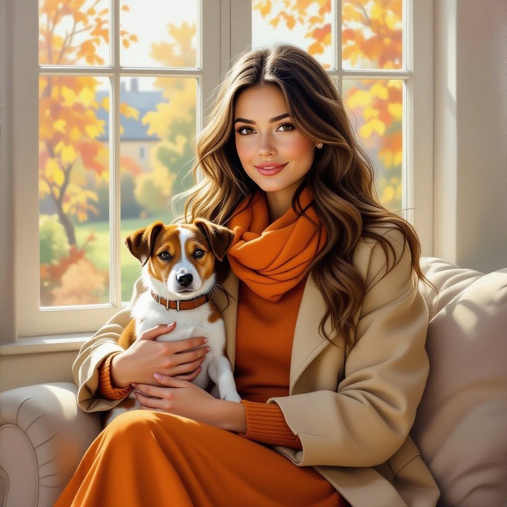 Woman with Auburn Hair Holding Dog in Autumn Living Room