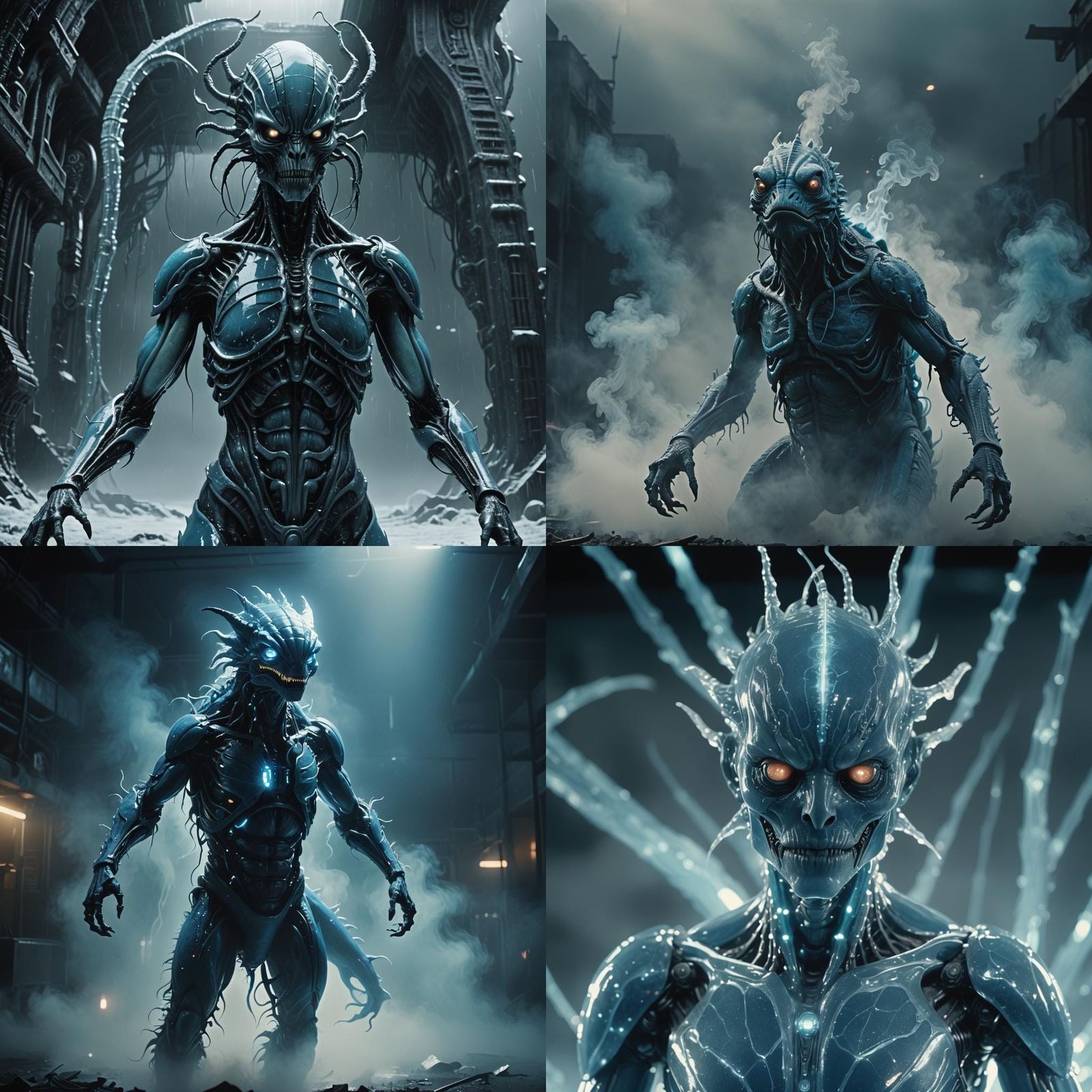 Cinematic Blue Creature with Cybernetic Augmentation