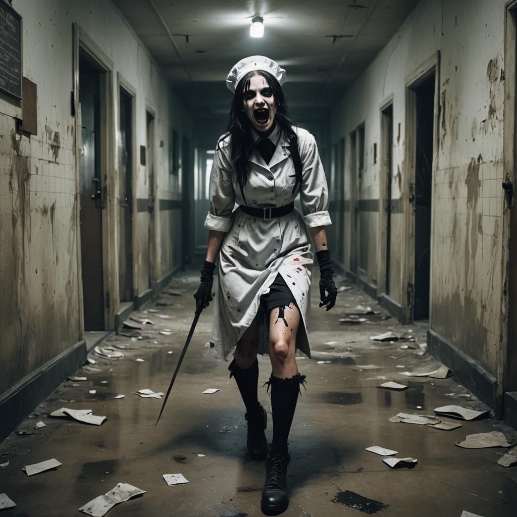 Dramatic Gothic Nurse in Abandoned Hospital