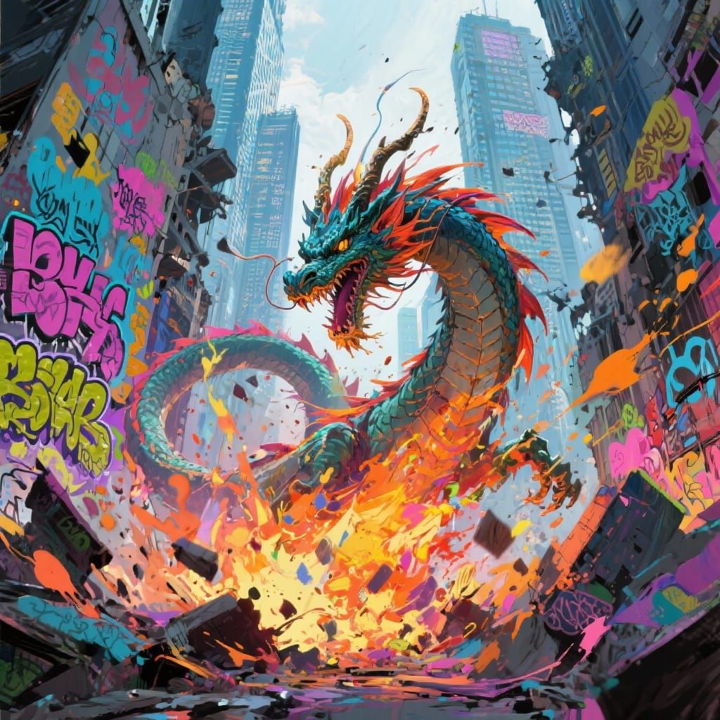 Dragon Attacks City in Graffiti Art Style