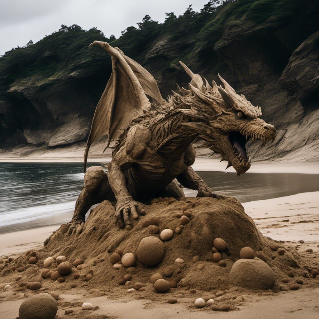 Dragon Sand Sculpture on Rocky Beach