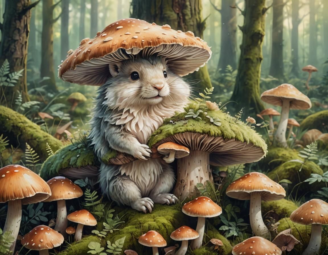 Fluffy Animal on Mushroom in Forest: Digital Painting