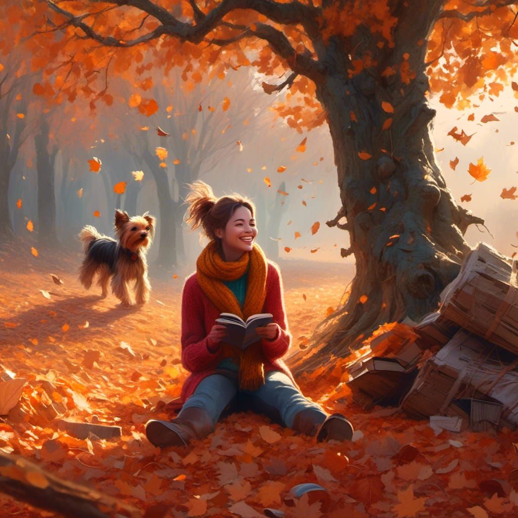 Autumnal Woman and Dog in Fantasy Landscape