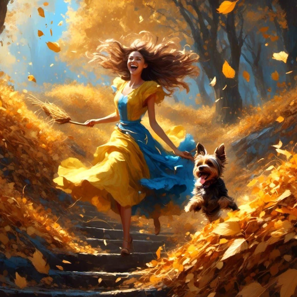 Woman and Yorkie Dog Playing in Autumn Leaves