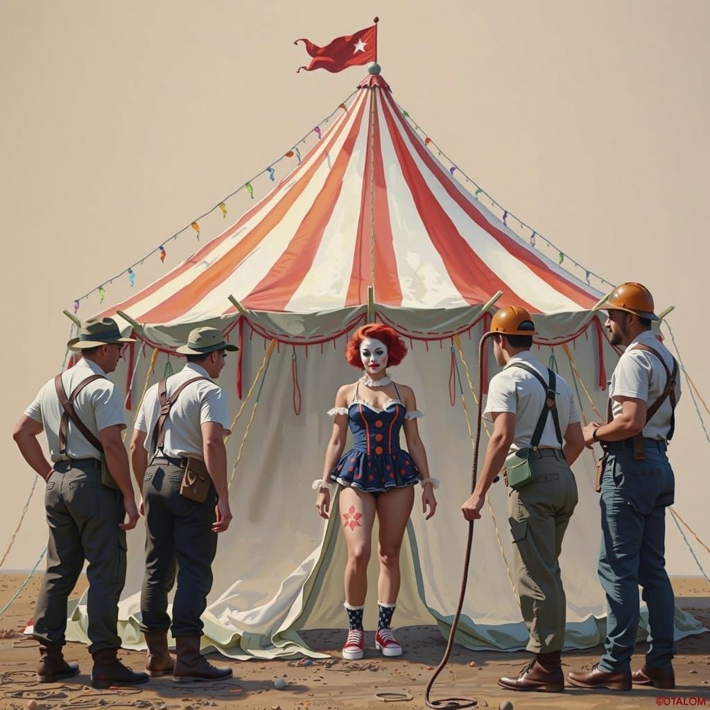 Vintage-Style Pin-Up Girl Clown Under Circus Tent