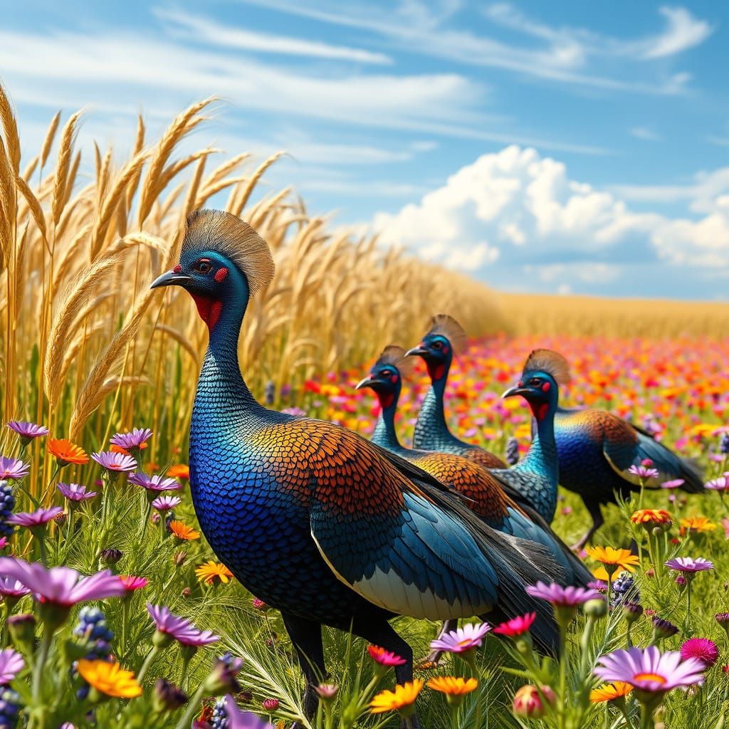 Ethereal Guineafowl Family Amidst Vibrant Wildflowers in a S...