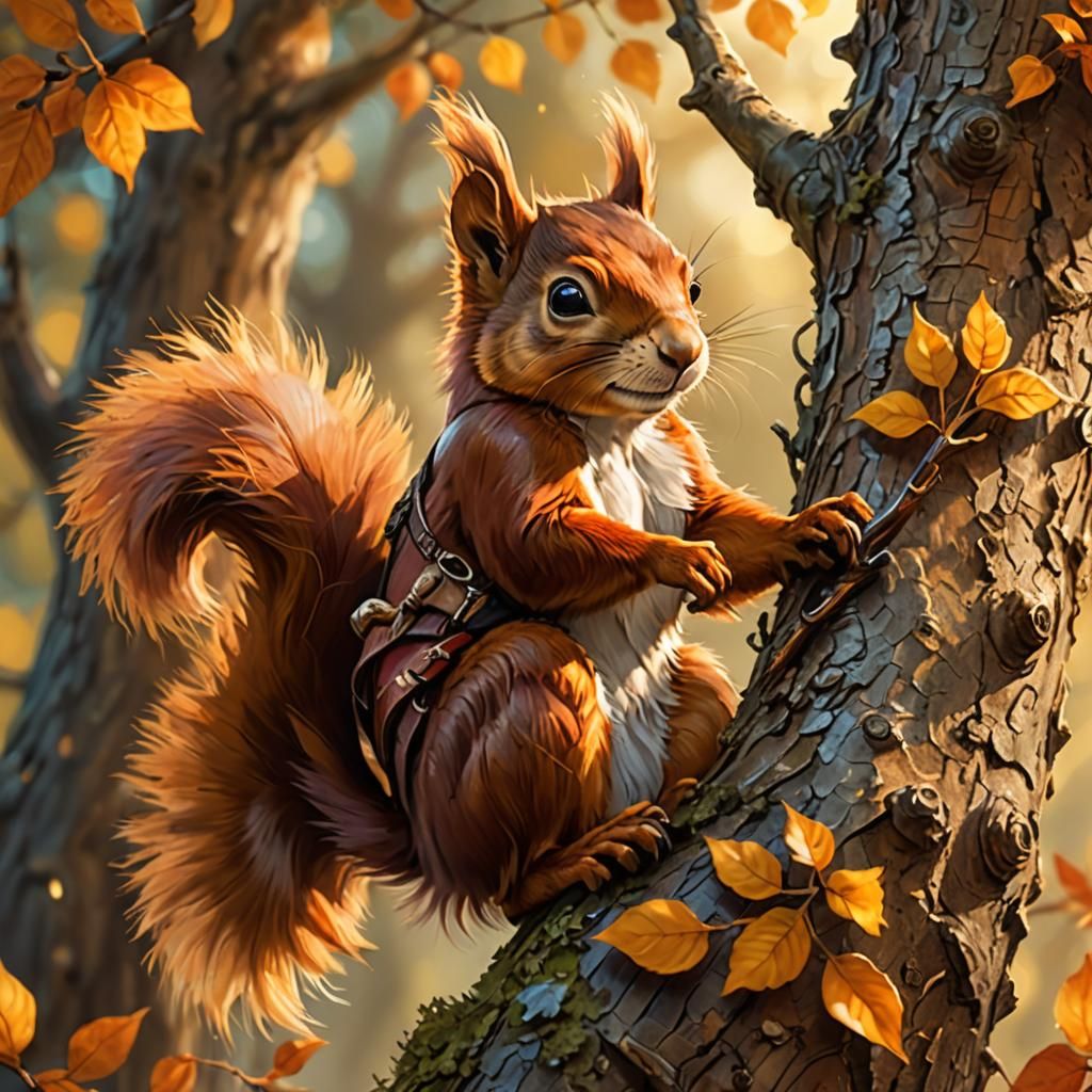 Red Squirrel Archer in Giant Tree: Fantasy Illustration