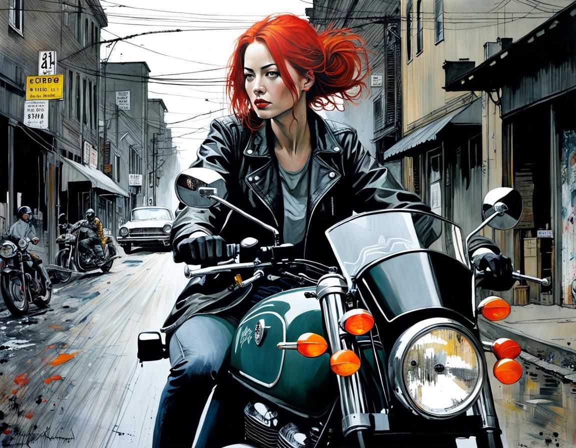 Redhead Girl Motorcycle Rider in Sci-Fi Style