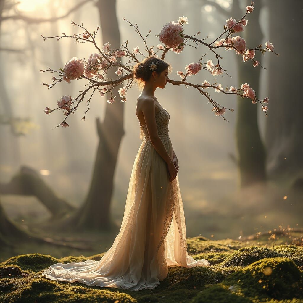 Ethereal Forest Figure in Morning Mist