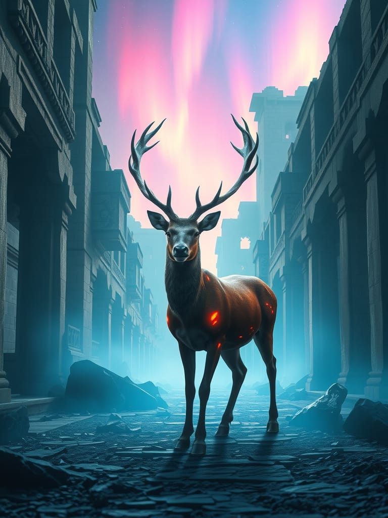 Spectral Stag in Ancient City Under Aurora
