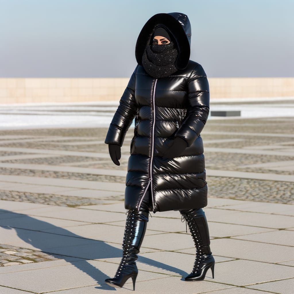 Woman in Shiny Black Outfit Walking in Winter