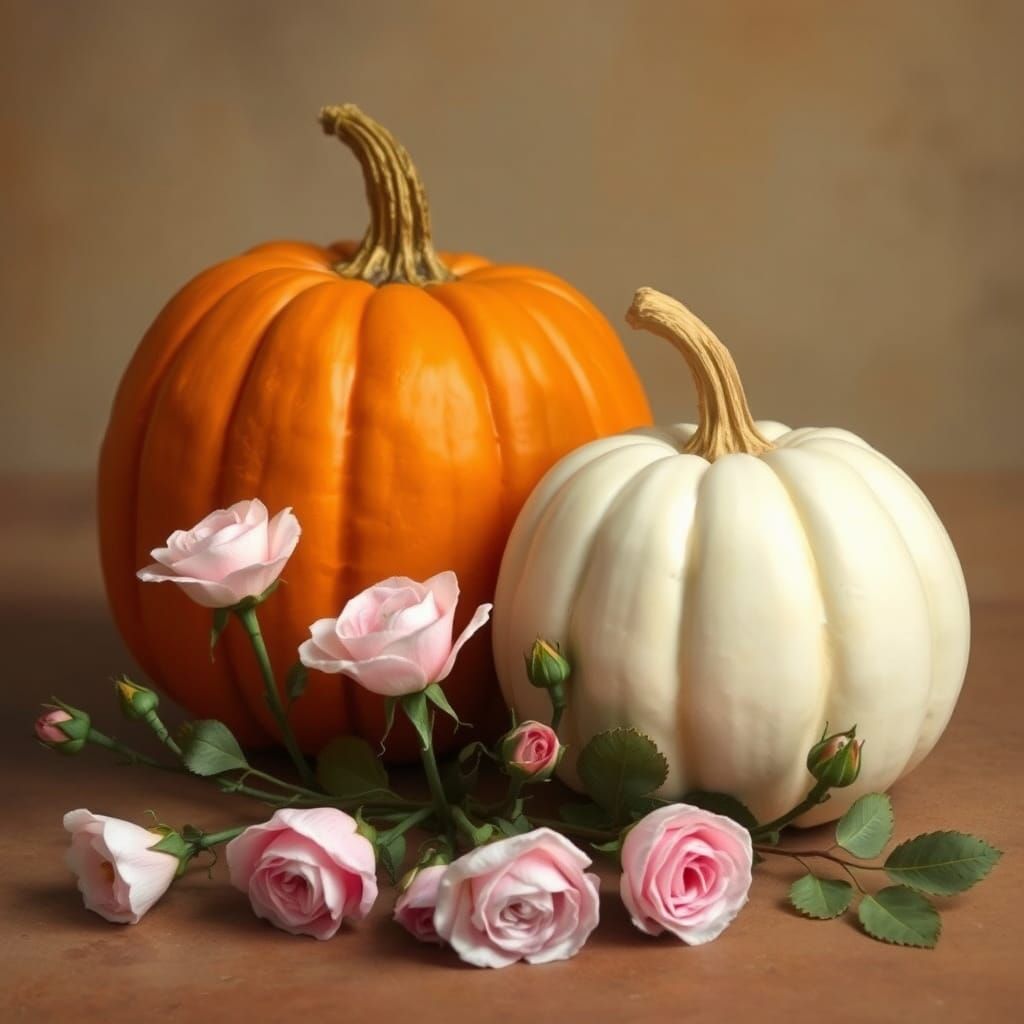 Pumpkins and Roses in an Impressionistic Style