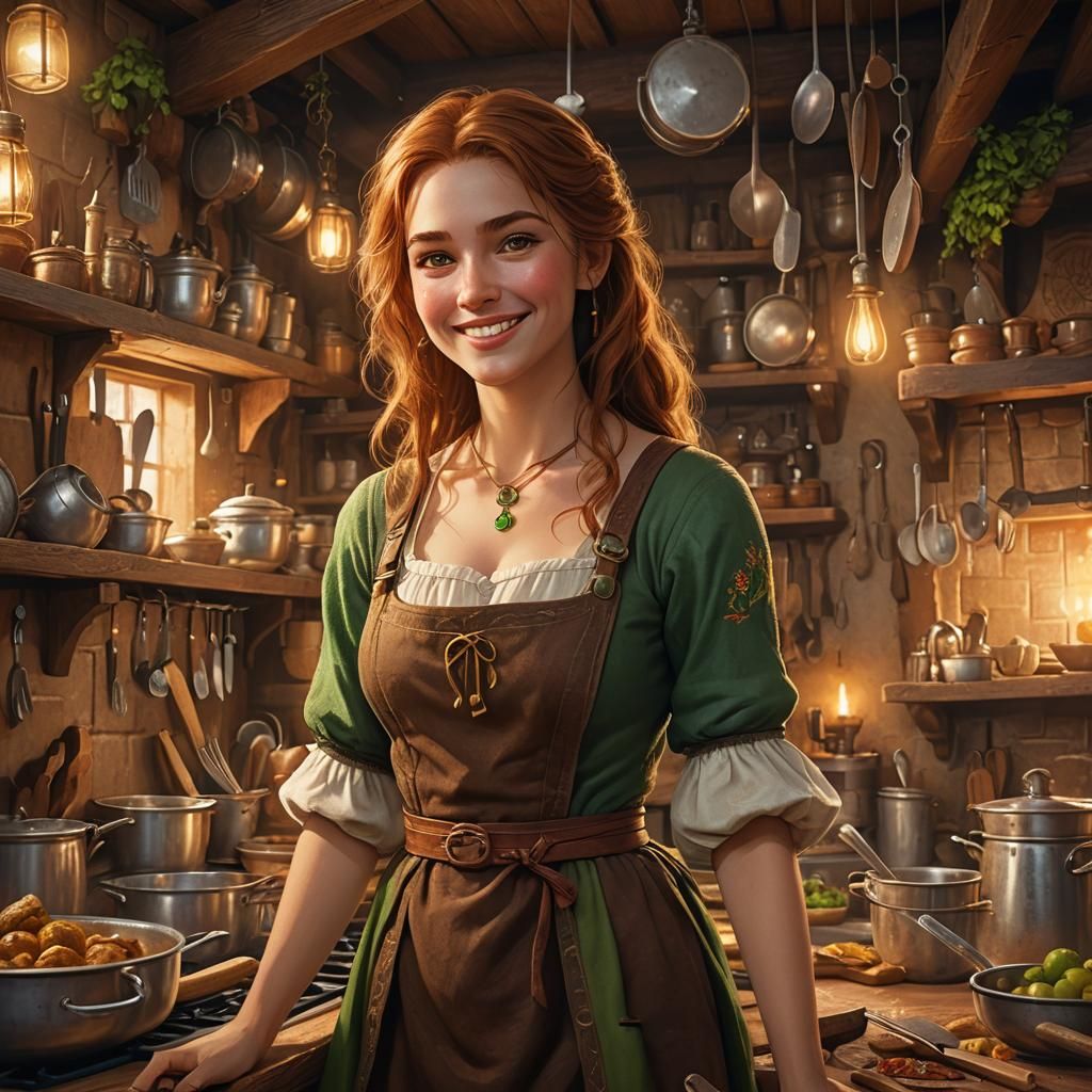 Smiling Leena in a Cozy Tavern Kitchen
