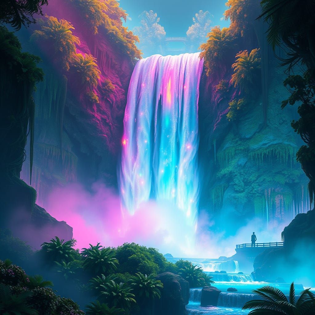 Iridescent Waterfall in a Futuristic Landscape