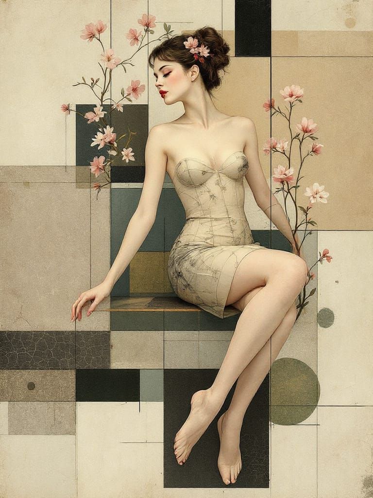 Botanical Pin-Up Fusion in Abstract Garden