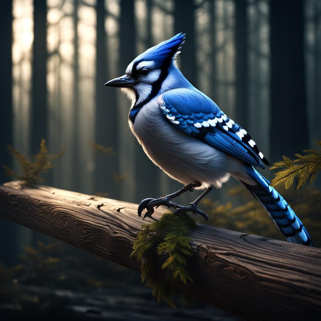 Blue Jay in Moody Forest: Detailed Matte Painting
