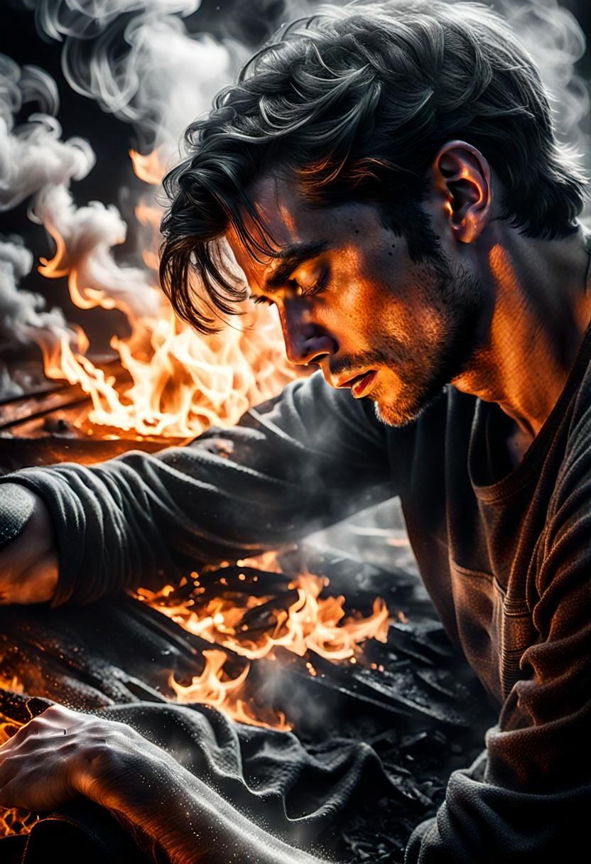 Man Asleep in Flames: Charcoal Drawing