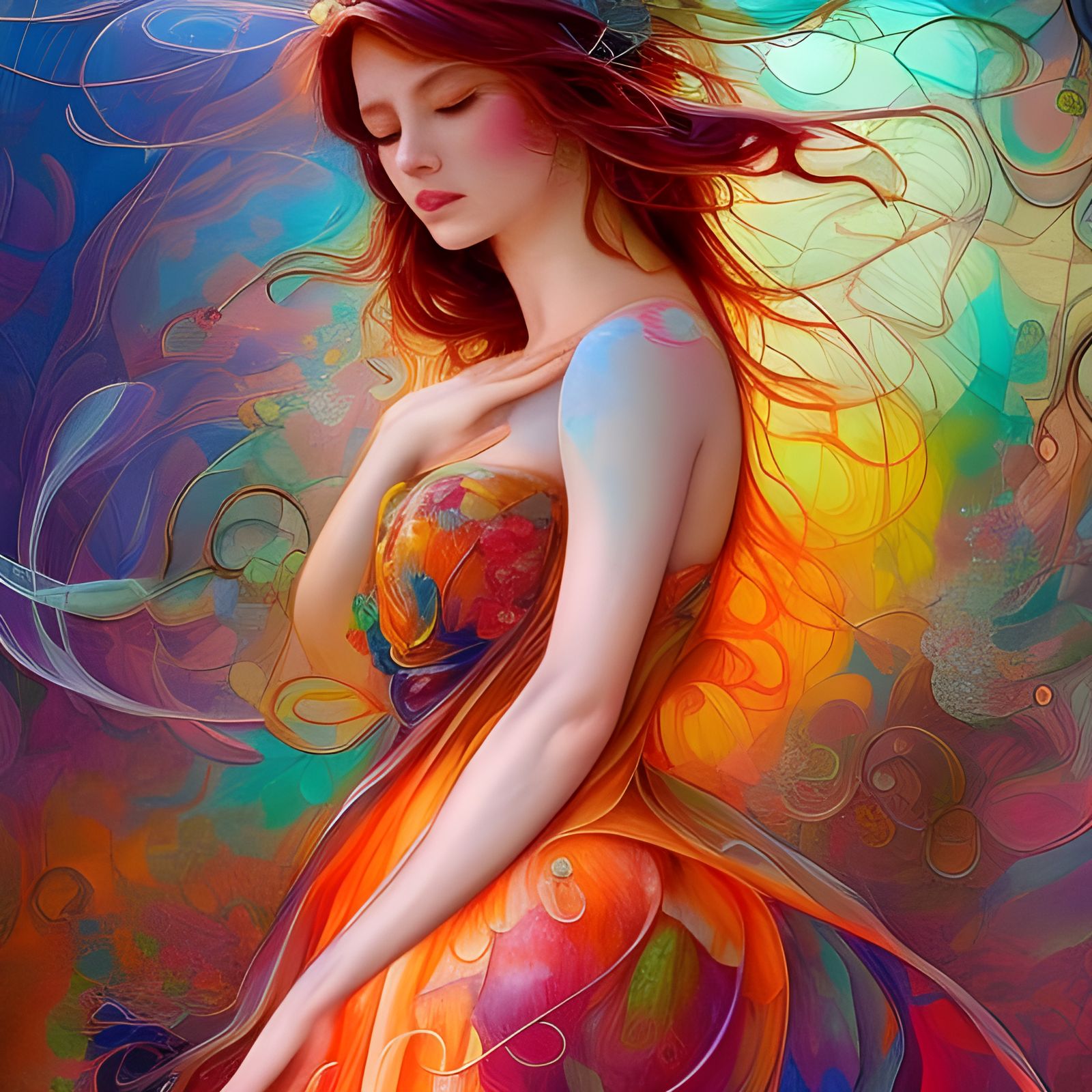 Ethereal Woman in Gossamer Gown: Fluid Gouache Painting