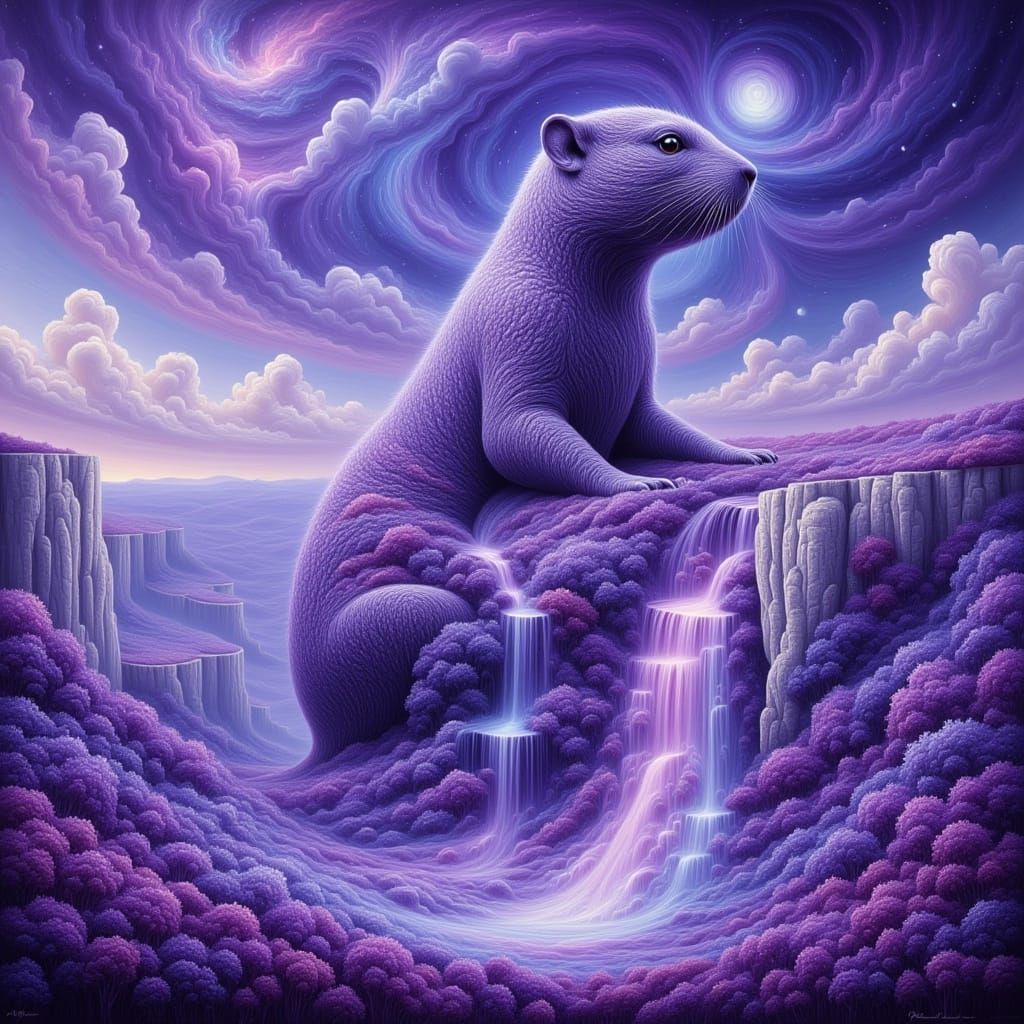 Colossal Prairie Dog in Lavender Field, Surreal Oil Painting