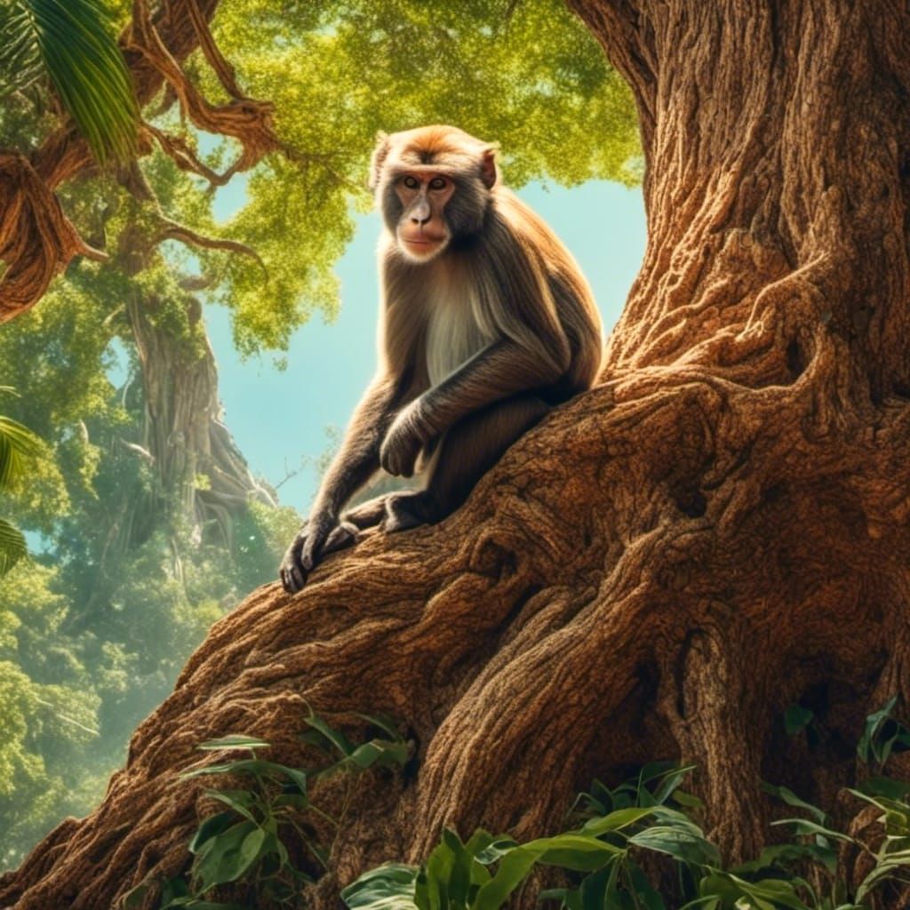 A monkey <lora:TRee LoVers:1.0> sits on a limb of a large an...