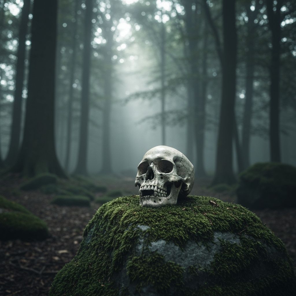 Atmospheric Horror: Skull on Mossy Stone in Misty Forest