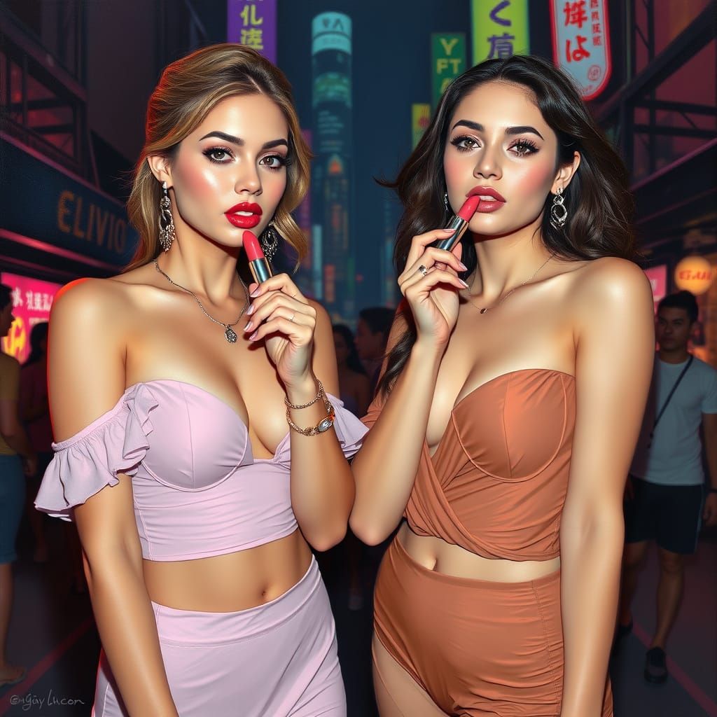 Glamorous Women Applying Lipstick, Realistic Portraiture