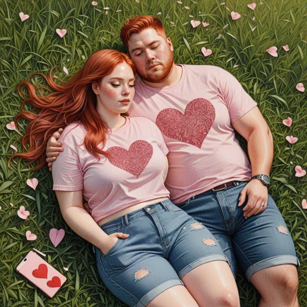 Charming Pastel Pencil Drawing of a Plus-Sized Couple in Spr...