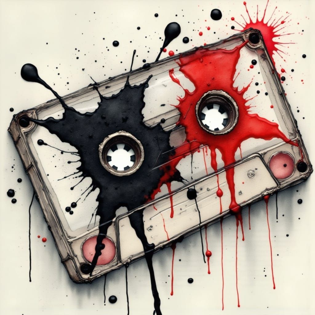Vibrant, Scuffed Cassette Tape in Tragic Splatter Art