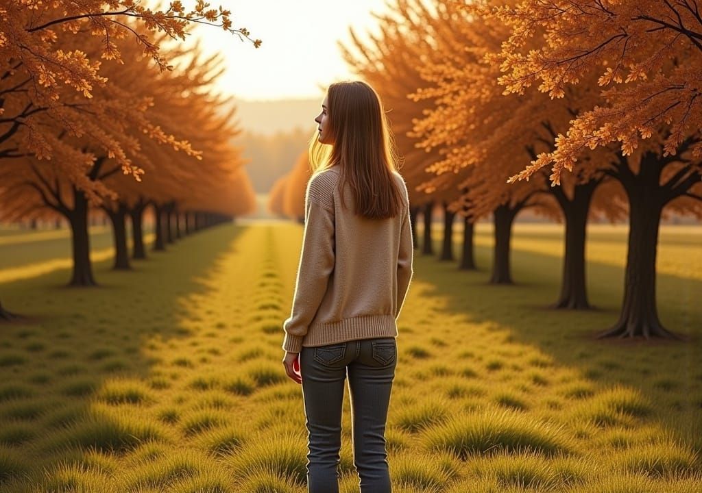 Woman in Orchard: Dreamy Digital Autumn Landscape