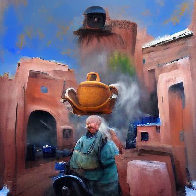 Marrakech Tea Seller: Oil Painting of Back Alley Scene