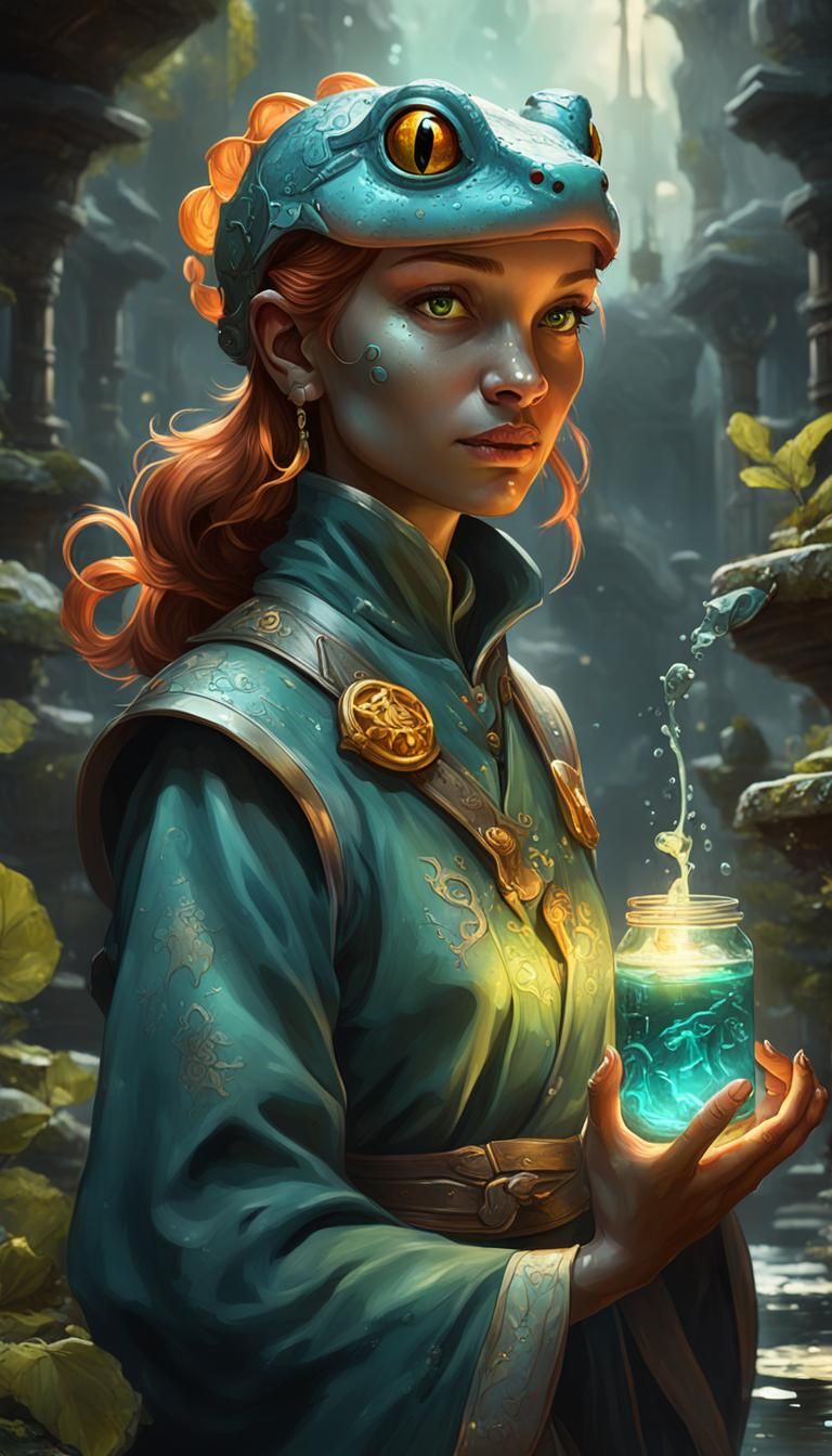 Salamander Healer with Potion, Digital Art