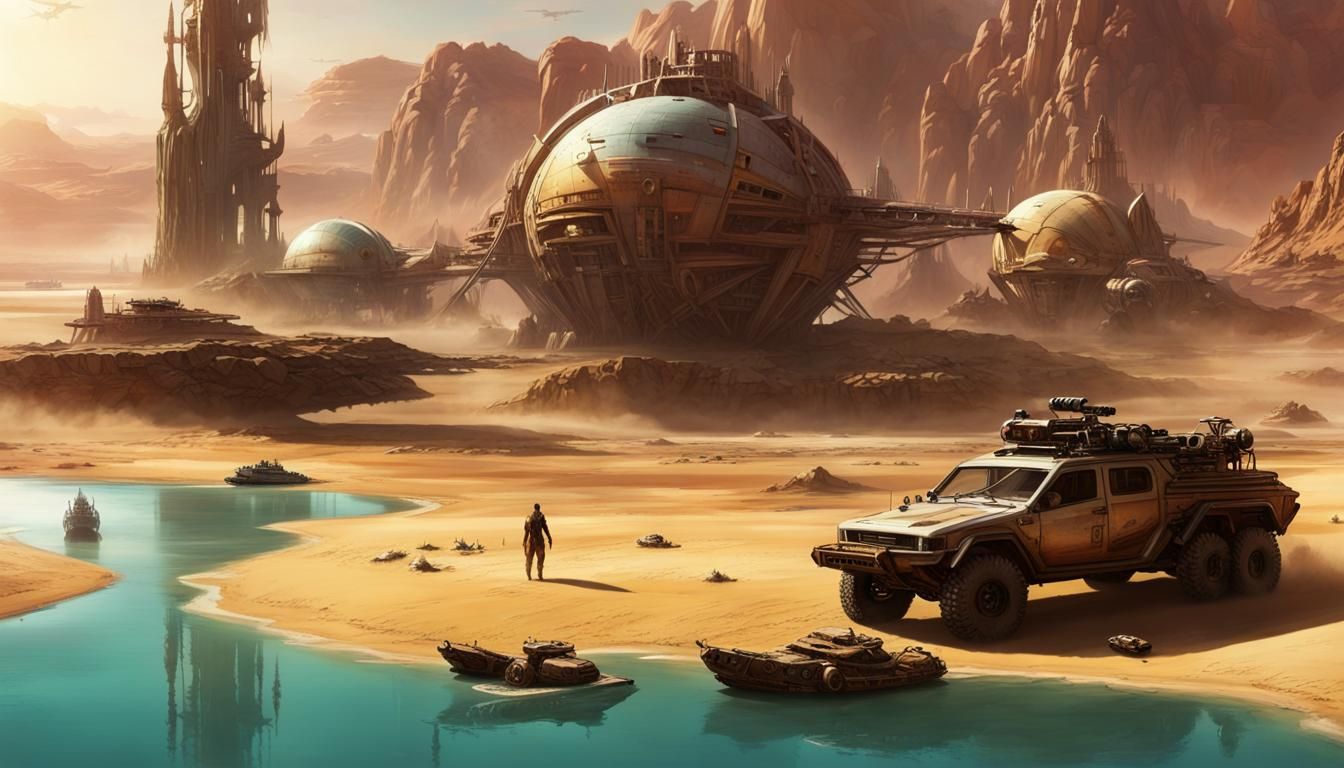 Desert Oasis with Sci-Fi Vehicles