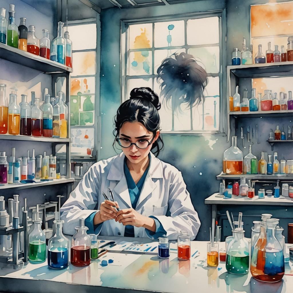 Chemist Girl in Laboratory, Watercolor Style