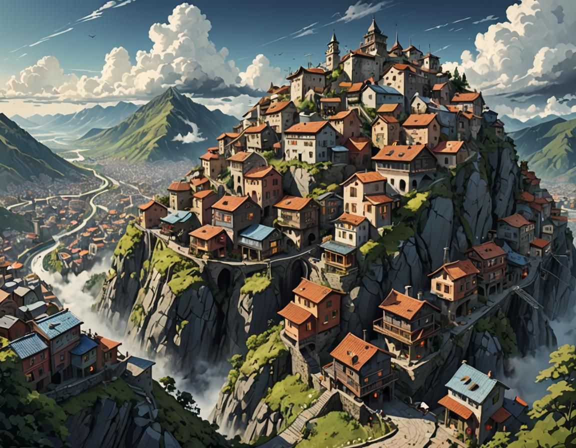 Fantasy City Cascades Down Mountainside Illustration
