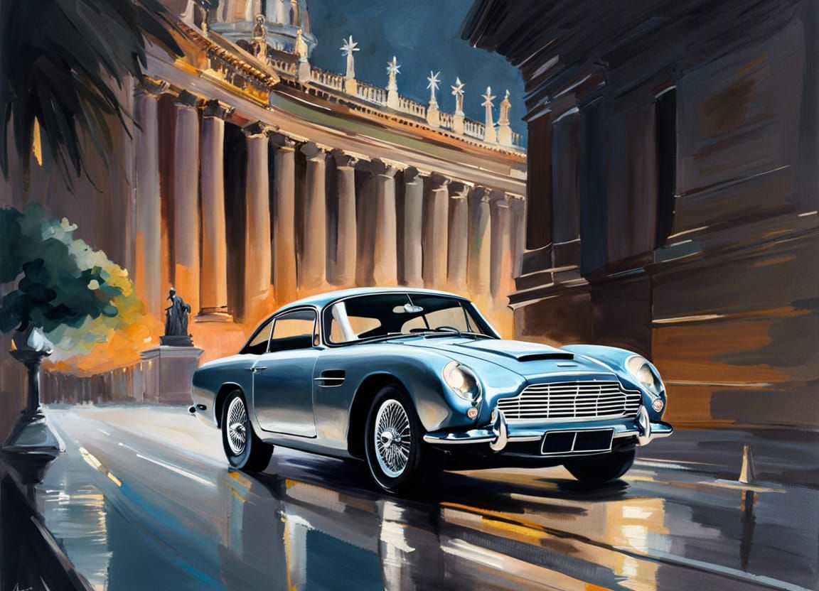 Aston Martin DB5 drives Saint Peter Basilica: Gouache Style