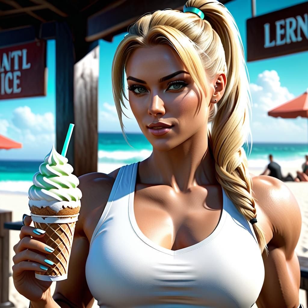 Sonya Blade having mint ice cream at a beach in Los Angeles